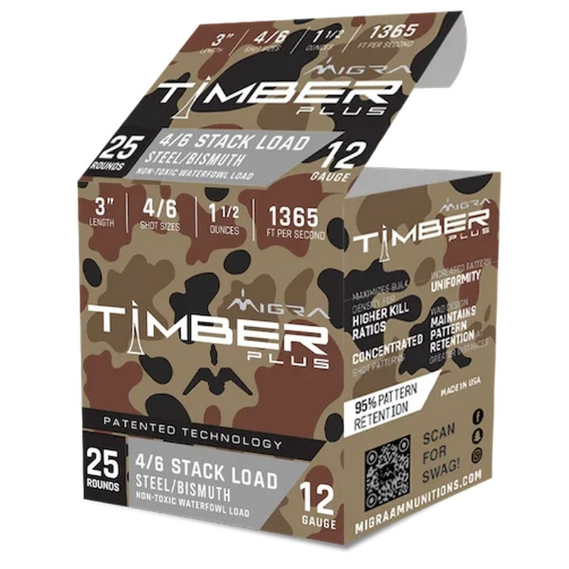 Migra Timber Plus Stack Load 12 Ga 3" Bismuth/Steel Case 250 Rd in Shot Size 4 & 6 Ammo Size